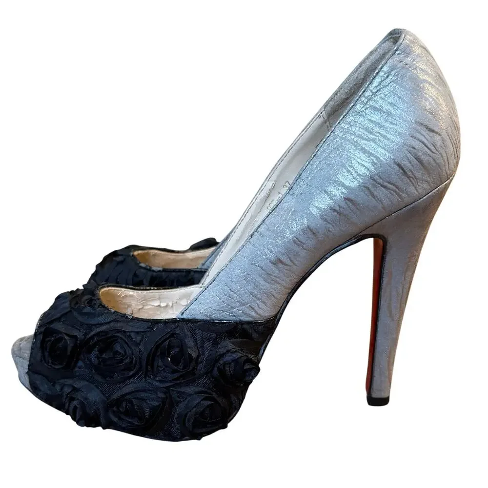 Christian Louboutin Heels Zebra Print Rose Floral Silver Black Women’s EU 37